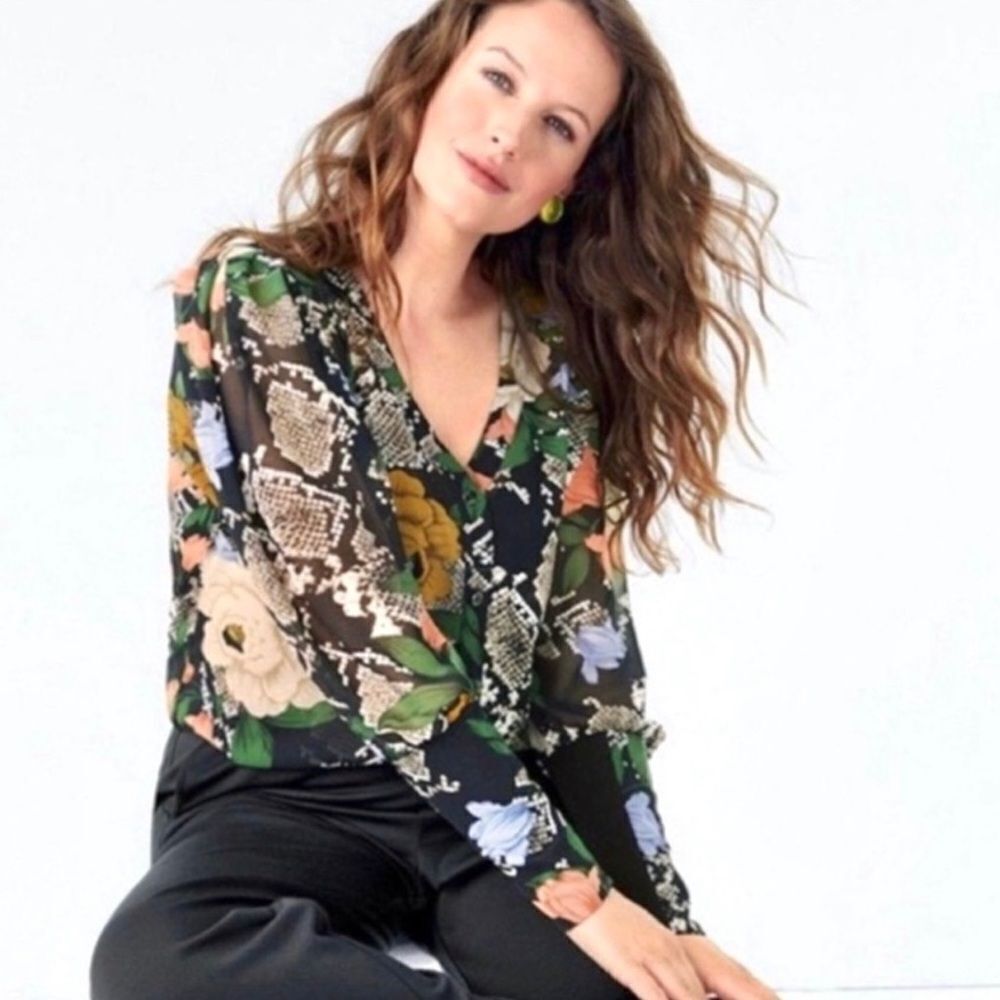 CAbi L Black Multi Snake Print Charmer Button Front Long Sleeve Floral Blouse